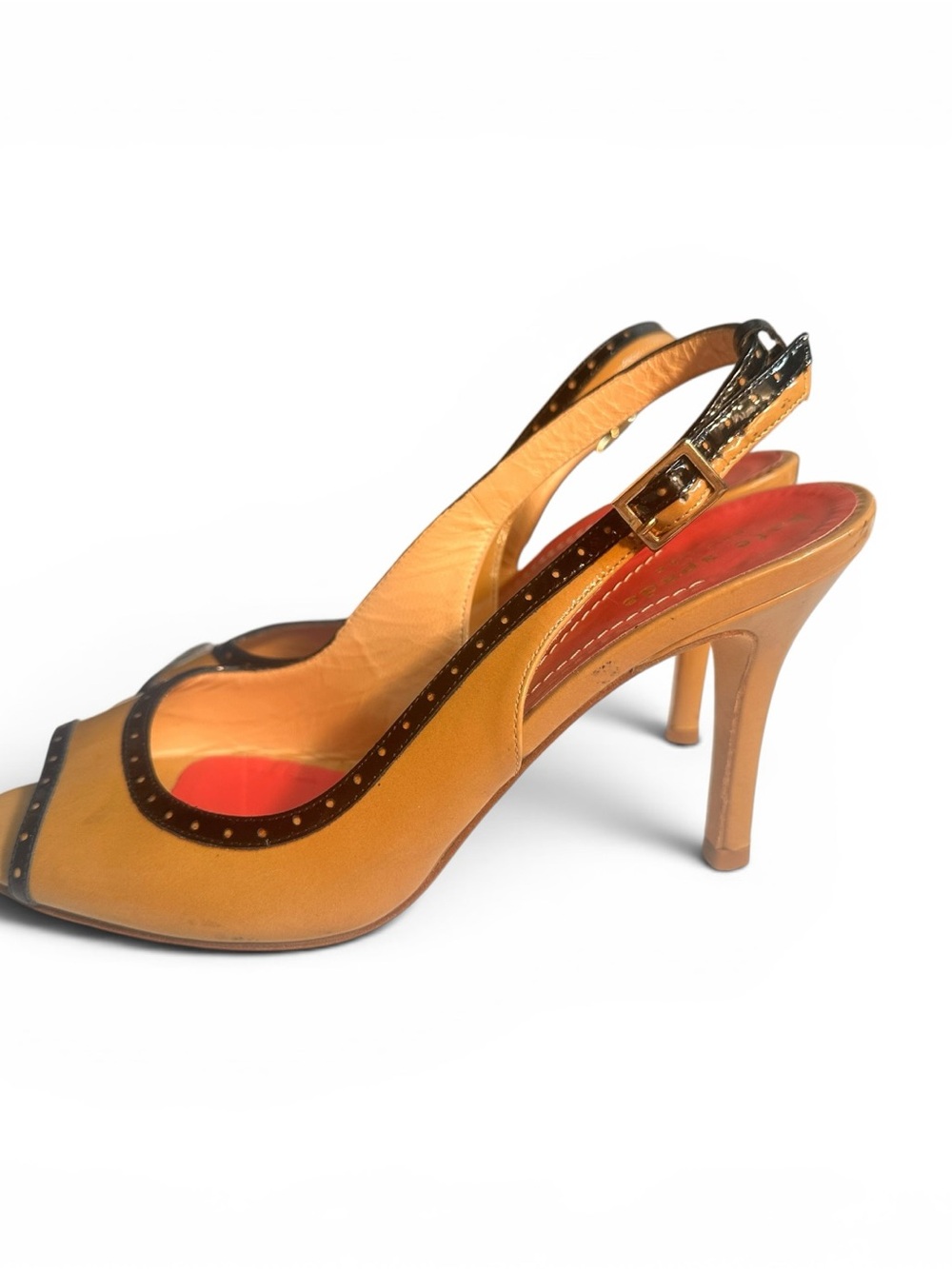 Kate Spade New York Patent Leather Slingback Heels Tan Black Peep Toe Size 6B - Picture 12 of 15
